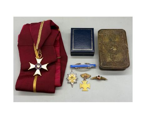 Small collection military items. Queen Mary Christmas Tin, Worcester &amp; Sherwood Foresters cap badge, WWII Sterling Silver