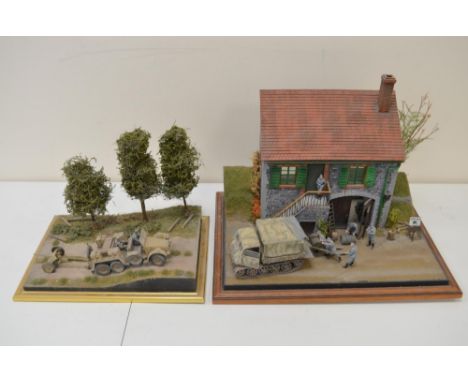 Pair of very well made and highly detailed 1/35 scale plastic model WWII dioramas, both German Army in European settings, lar