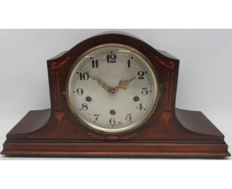 20th Century Continental inlaid mahogany mantle clock, silvered Arabic dial, three train Westminster chiming movement no. 185