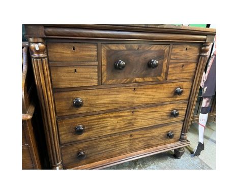 Victorian mahogany Scotch chest, with bonnet drawer above three long drawers enclosed by fluted columns on faceted feet, W130