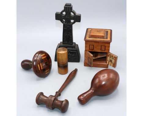 Collection of treen items incl. a carved Irish bog oak Celtic cross, H19.5cm, Tunbridge darning mushroom, Japanese puzzle box