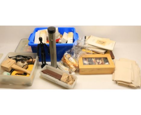 Collection of Arts and crafting equipment incl, articulated artists mannequin, several blank sketch books, paint brushes, pot