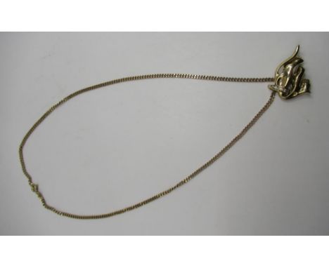 18ct yellow gold panther pendant with ruby set eyes, the bail set with clear stones, on 18ct yellow gold chain link necklace,