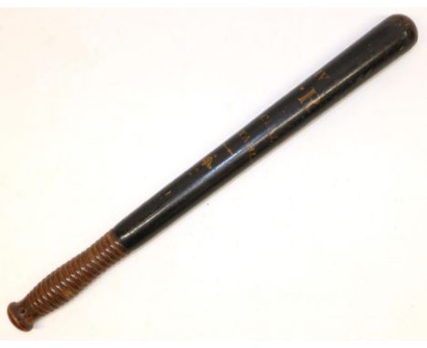 William IV police truncheon marked 'IV WR' and 'Special Constable', black with gilt lettering, maker's mark to Parker Holbour