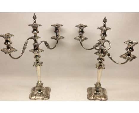20th Century, pair of  Georgian style EPNS three sconce candelabra with reeded arms, H53cm