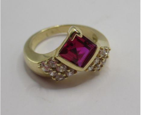 14ct yellow gold ruby and white stone ring, stamped 14k, size M1/2, 6.91g