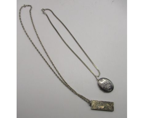 Hallmarked Sterling silver ingot pendant on white metal chain, and a hallmarked Sterling silver locket pendant with engraved 