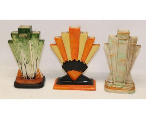 Three Myott Art Deco fan form vases, max. H22cm