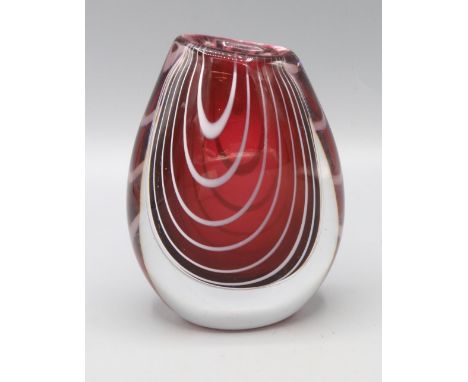 Vicke Lindstrand for Kosta Boda vase, featuring red glass overlaid with white stripes and a clear glass outer layer, H12.5cm