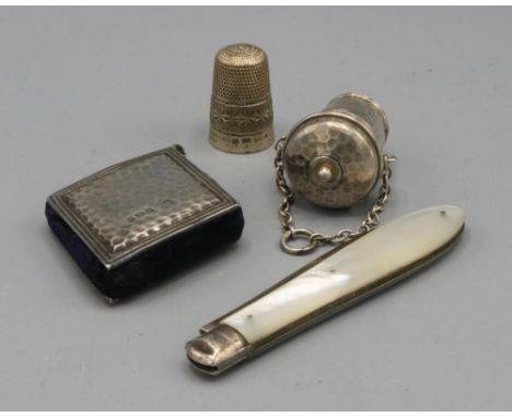 Silver and mother of pearl fruit knife, Sheffield, 1892, Thomas Marples; Silver and blue velvet pin cushion, makers marks unc