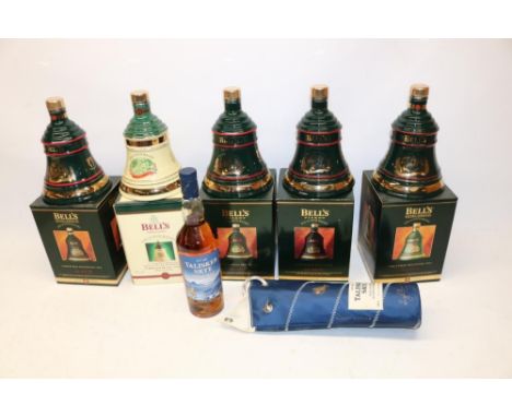 Five Bell's Scotch whisky bell-shaped Christmas decanters with original boxes, all 70cl, and one bottle of Talisker Skye sing