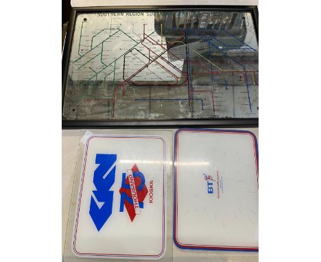 Southern Region Suburban Services mirror map, BT 1000,000th public payphone and GKN 75.000 Kiosks glass coasters, and an EWS 