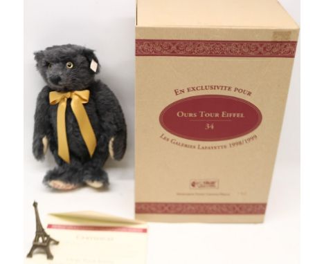 Steiff Eiffel Tower teddy bear, Gallery Lafayette Paris 1998 edition, steel grey mohair, H34cm, with Eiffel Tower model, with
