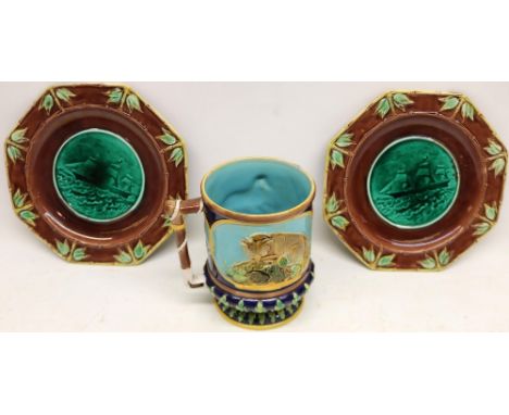 Aesthetic Movement, pair of majolica octagonal plates, the green glazed centre with early masted steam ship, D22.5cm and a Ge