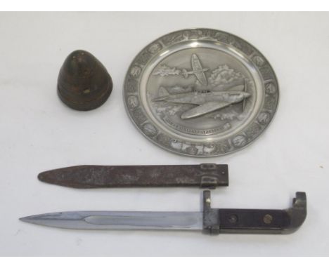 Pewter Limited Edition 'Supermarine Spitfire' Plate no.908, Mortar shell 'timer' and a WWII Italian Bayonet with Bakelite han