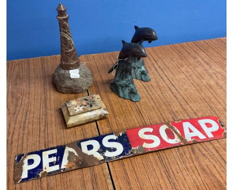Carved hardstone lighthouse, carved hardstone trinket box, small pears soap enamel sign, pair of bronzed dolphins (5)