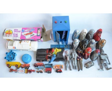 Mixed collection of playworn toys and models to include vintage diecast vehicles, a Six Million Dollar Man Bionic Transport a