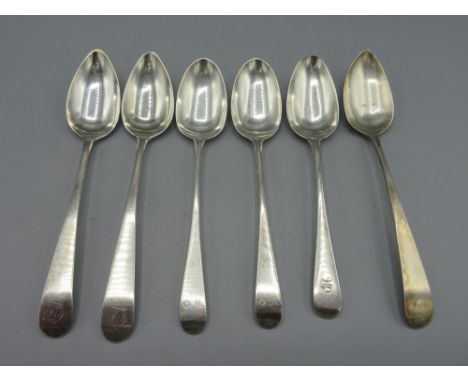 Three George III silver monogrammed spoons by William Marshall, Edinburgh 1802, two George III silver monogrammed spoons by T