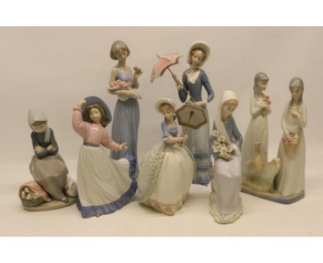 Collection of ceramic figures, incl. Three NAO figures, max H32.5cm; Three Lladro figures, max H32cm and one other figure