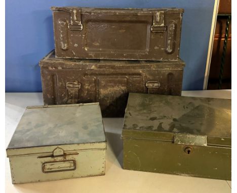 Two British Military Ammunition boxes and two other military related tin boxes (4)
