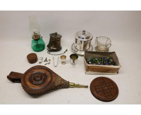 19th Century walnut bellows; 19th Century mortar and pestle converted to a bell; collection of marbles; solitaire board; plat