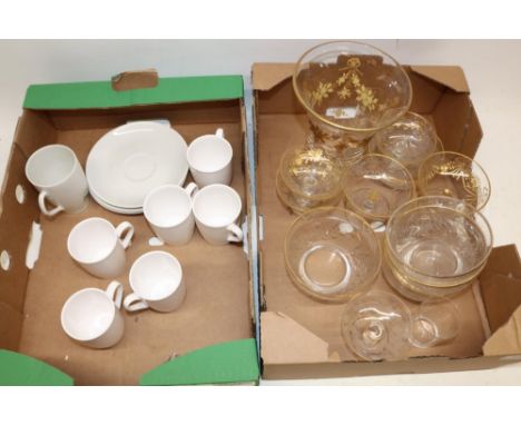 Collection of glassware decorated with gilt enamel and etched swags and bows, and a group Spode and other white coffee ware (
