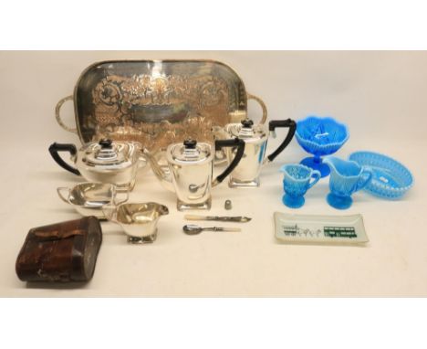 Four pieces of Davidson blue pearline glass incl pedestal bowl, two jugs and oval bowl, a collection of epns tea ware and a l