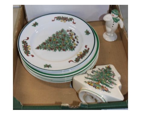 Royal Doulton Snowman figure DS2 ltd. ed. 169/7500 boxed with certificate, Spode Christmas Tree money box and six plates, and