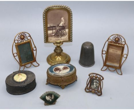 Novelty spirit measure or tot, modelled as a thimble and inscribed 'Just a Thimbleful', two trinket boxes, and five photograp
