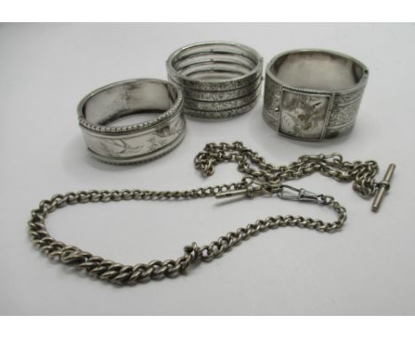 Two hallmarked Sterling silver Albert chains, one with white metal clip, a large silver hinged bangle with opening panel fron