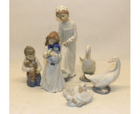 Collection of NAO by Lladro figures, incl. three swans in various poses; girl with doll in blue dress; etc.