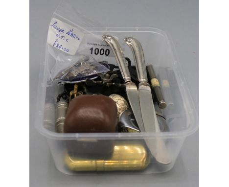 Four stone opal necklace mounted in gold coloured metal; silver propelling pencil; two silver mounted tea knives, pistol grip