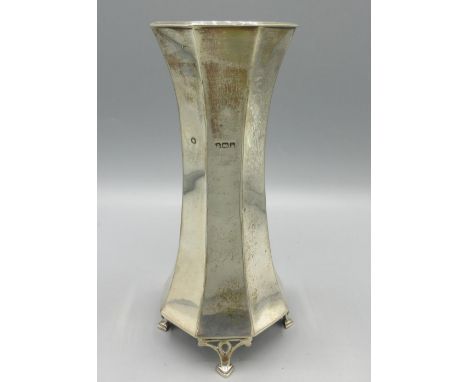 Edwardian silver octagonal flared vase, monogrammed, with four cast hoof feet, makers mark rubbed, stamped at bottom 'Finniga