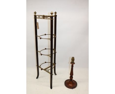 Atheistic Movement Patent mahogany and gilt brass folding three height cake stand, no. 15349, H81cm and a stained beech neo-c