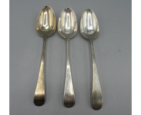 Pair of George III silver monogrammed serving spoons with single drop joint by George Gray, London, 1786, George III silver m