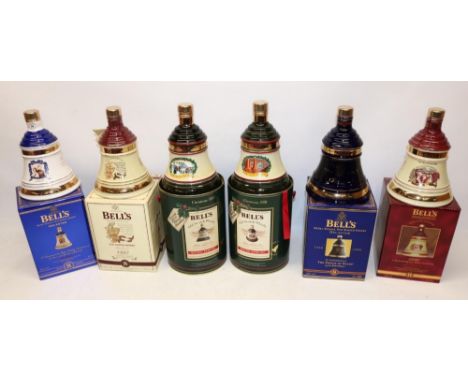 Six Bell's Scotch whisky bell-shaped commemorative decanters, with original packaging, all 70cl