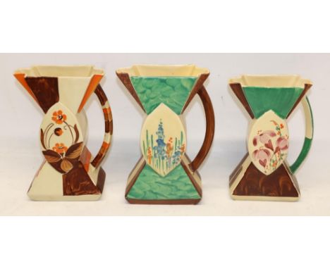 Three Myott 'bowtie' shape Art Deco jugs, max. H20.5cm