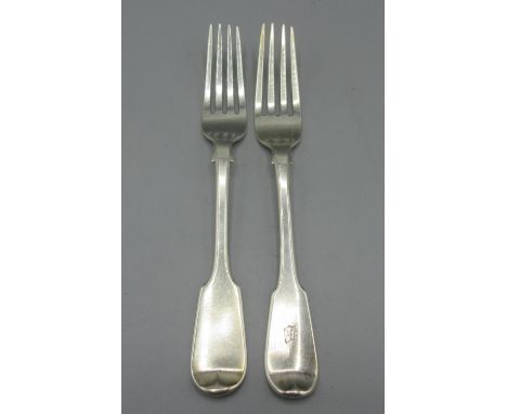 George III silver monogrammed fork in fiddle pattern with a hanover finial by Thomas Wilkes Barker, London 1818, Victorian si