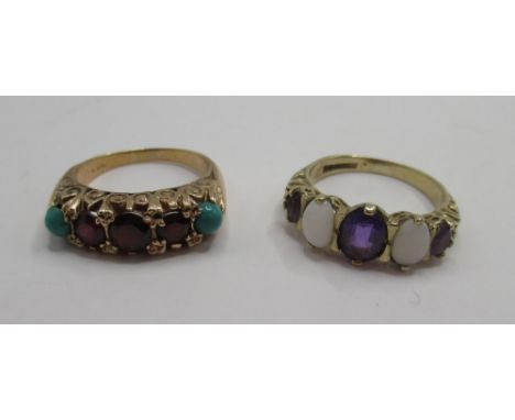 9ct rose gold garnet and turquoise ring, the stones set in ornate scroll mount, stamped 9ct, and a 9ct yellow gold opal and p