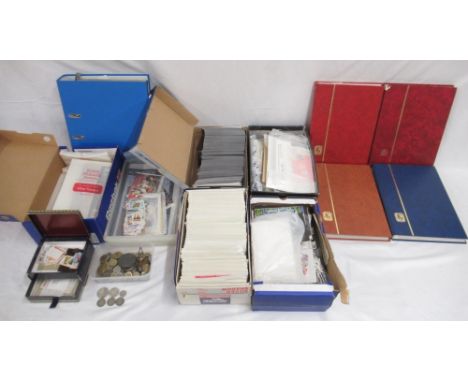 Large mixed collection of British and International stamps, FDCs and coins, loose and in folders, stamps from Canada, Hong Ko