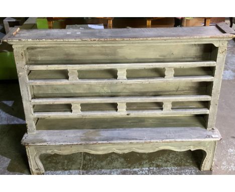 19th century continental painted pine dresser top with two open shelves over open wider open shelf and shaped apron. W132cm x