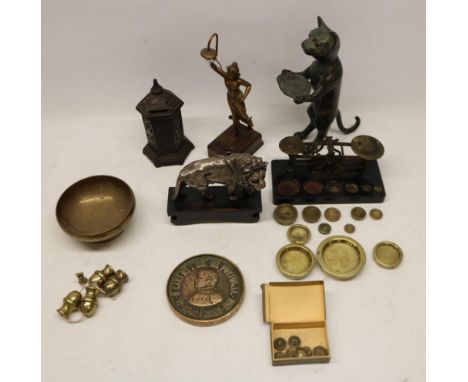 Early 20th Century EPNS lion on hardwood stand, H16cm; 20th Century postage scales; brass weight and other decorative metalwa