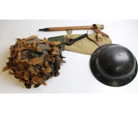 WWII Plastfort (plastic) Brody helmet, post WWII British turtle helmet with woodland cammo, 1944 entrenching tool