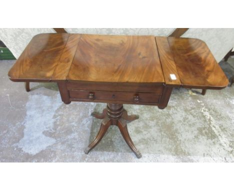 Regency mahogany drop leaf games table, with reversable chess board top and backgammon interior, above drawer, on ring turned