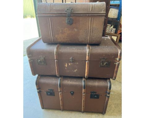 Three wood bound travel trunks and a metal trunk, max. L74cm (4)