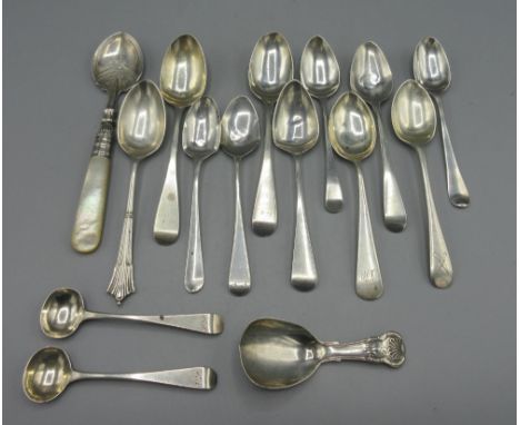 Pair of William IV silver monogrammed condiment spoons by John Hawkins, London 1825, William IV silver monogrammed caddy spoo