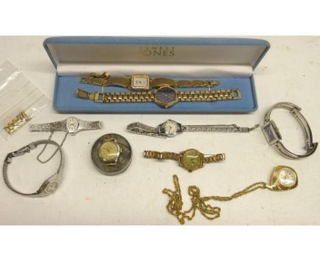 Ladies Oris chrome wristwatch on matching bracelet, signed silvered Arabic dial, snap on case back, signed 440KIF 7 jewel mov