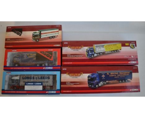 Five boxed 1/50 scale limited edition diecast truck models from Corgi to include CC13817 N. Irving Mercedes Benz Actros Curta