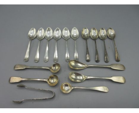Six George V silver teaspoons with hanover finials by Viner's Ltd, Sheffield 1932, Four Edwardian silver teaspoons decorative