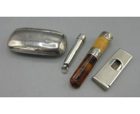 Victorian silver two-band cheroot holder with amber mouthpiece, Chester 1894, Edwardian silver cheroot holder with amber mout